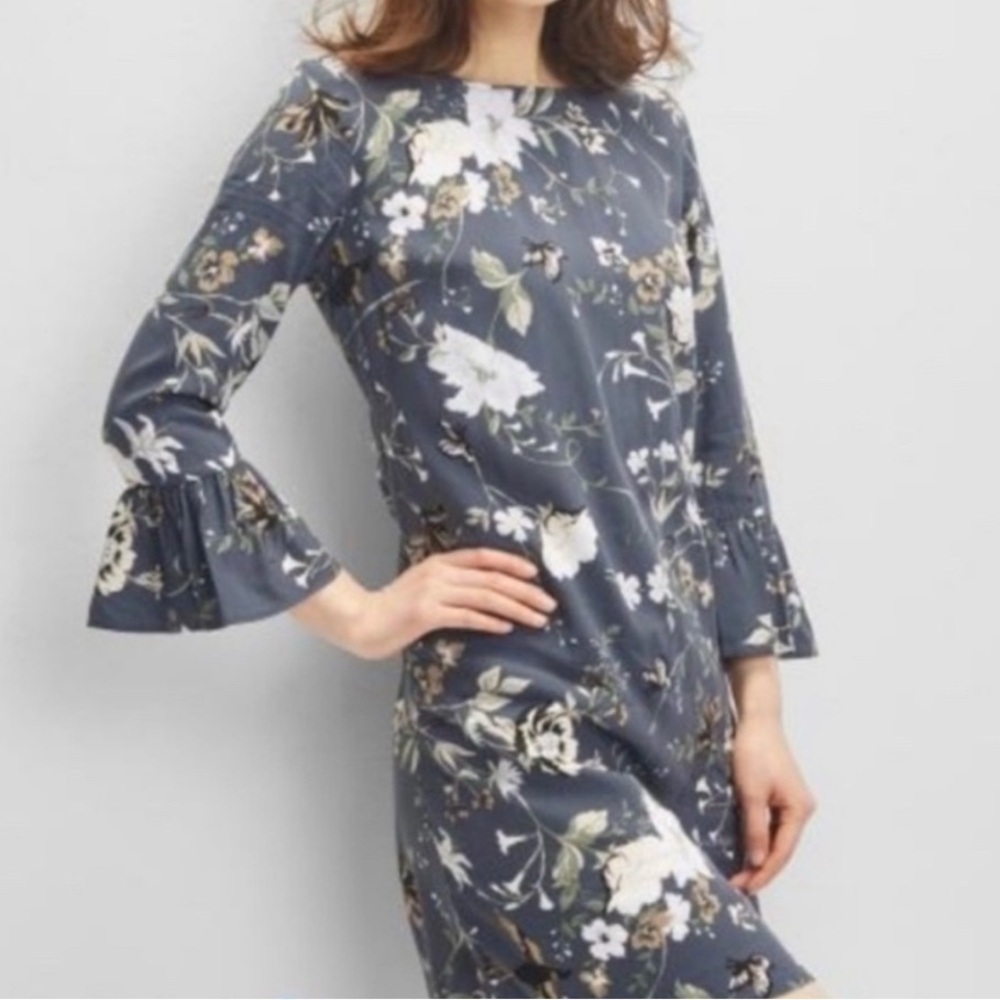 OLD NAVY Blue Gray Floral Butterfly Long Bell Sleeve Dress size Medium